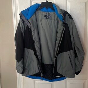 Lands End Boys gray, black Blue Winter hooded Coat great preowned condition